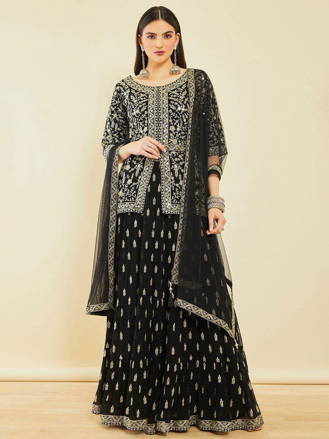 soch black ethnic motif embroidered ready to wear lehenga & blouse with dupatta