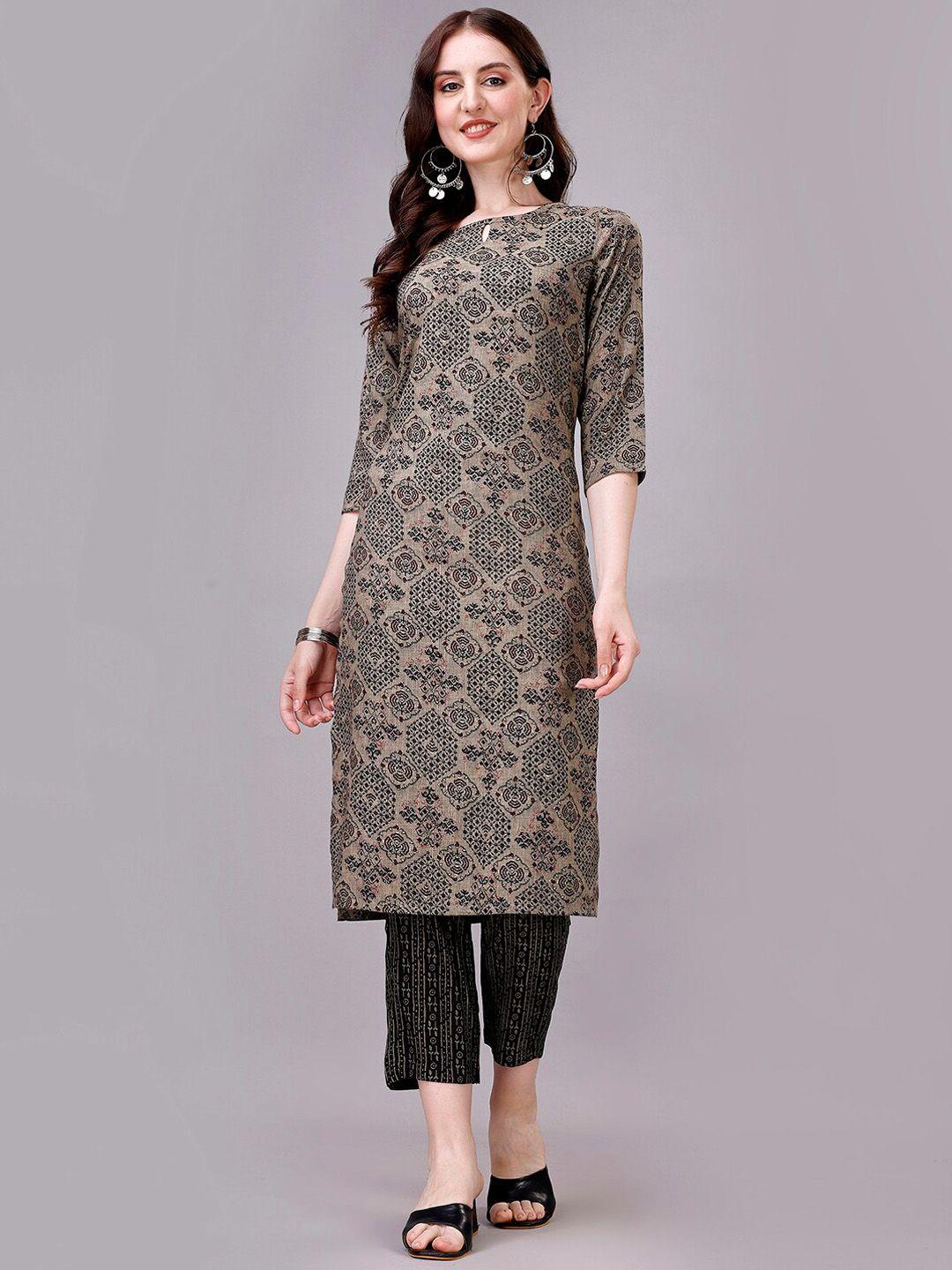 gorgone ethnic motifs printed keyhole neck kurta with trousers