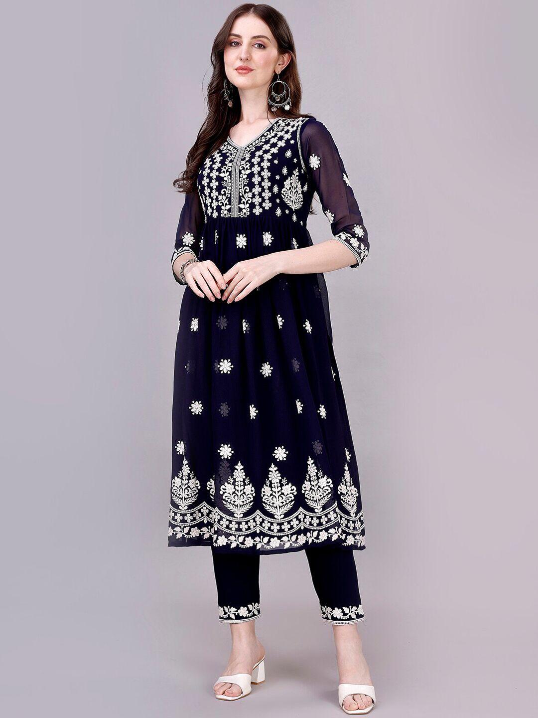 gorgone embroidered v-neck chikankari georgette kurta with trousers