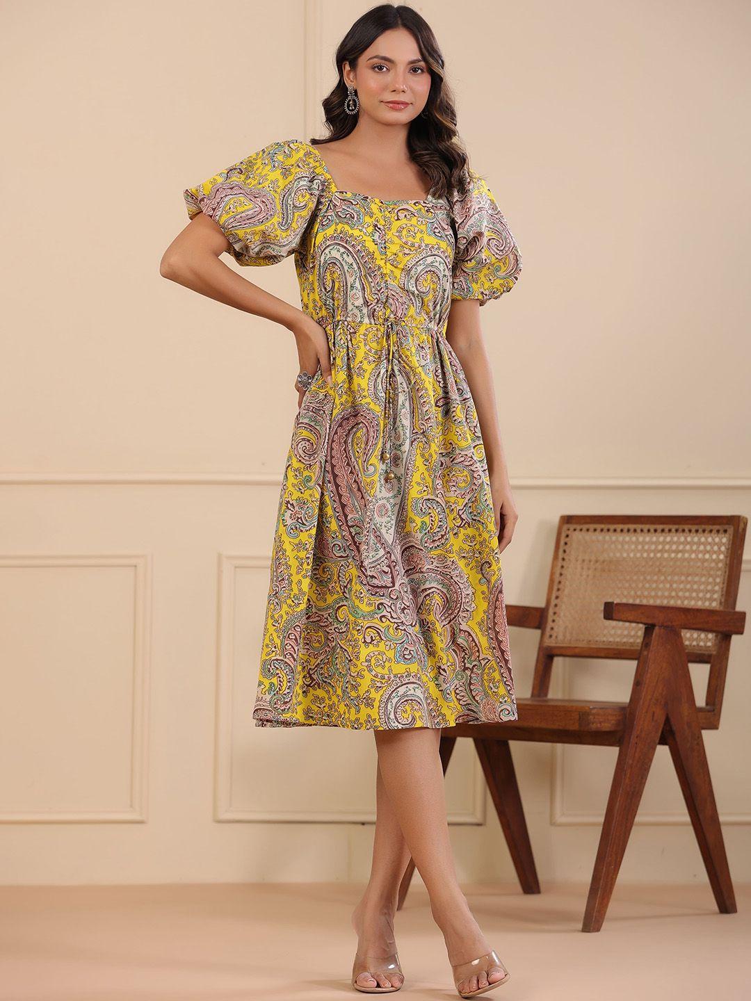 rain & rainbow ethnic printed puff sleeves pure cotton midi dress