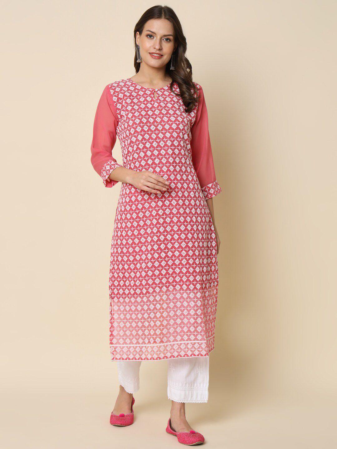 kalini geometric embroidered keyhole neck chikankari georgette straight kurta