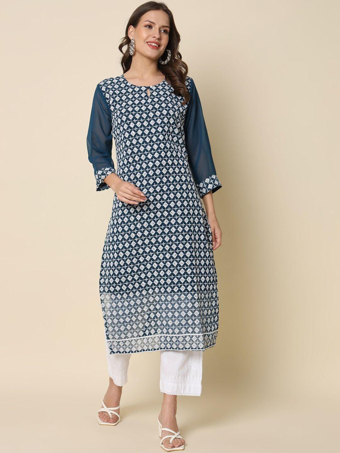 kalini geometric embroidered keyhole neck chikankari straight kurta