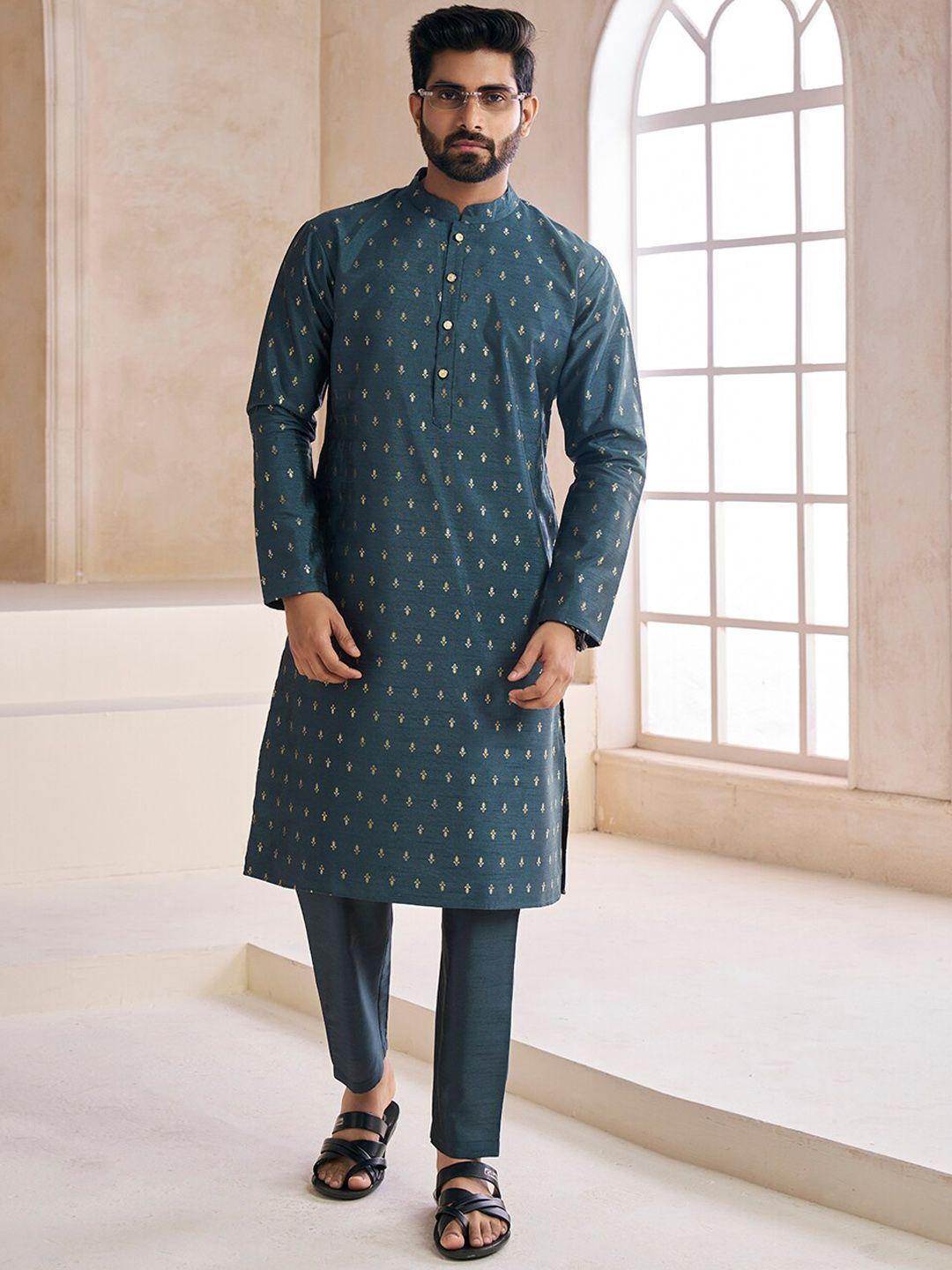 inddus men teal ethnic motifs regular kurta with trousers