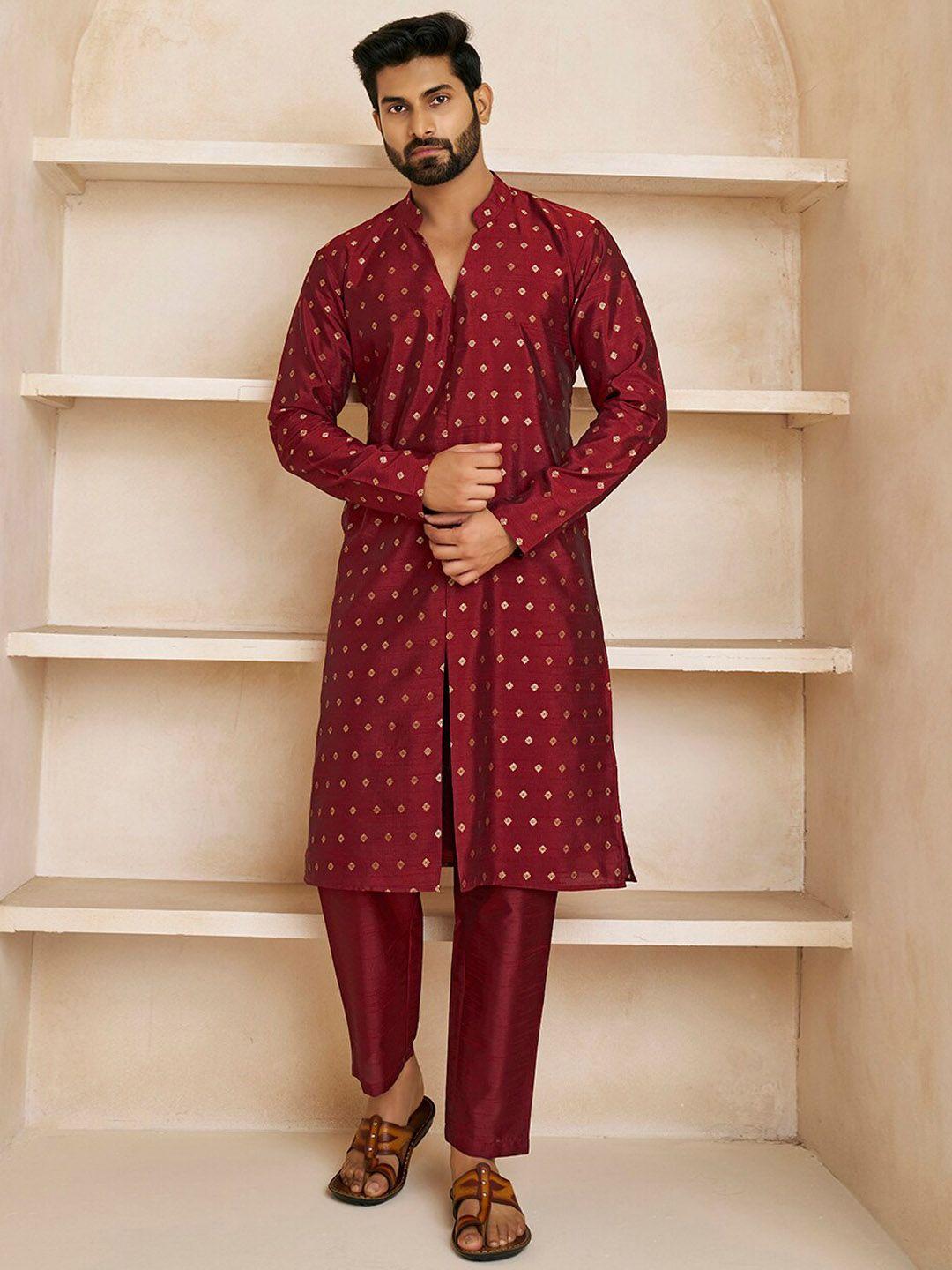 inddus ethnic motifs woven design mandarin collar kurta with trousers