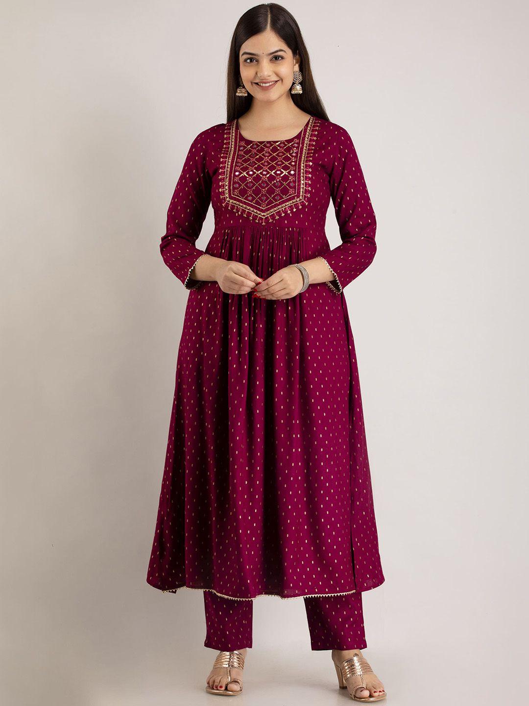 mizaz ethnic motifs printed mirror work regular kurta with trousers