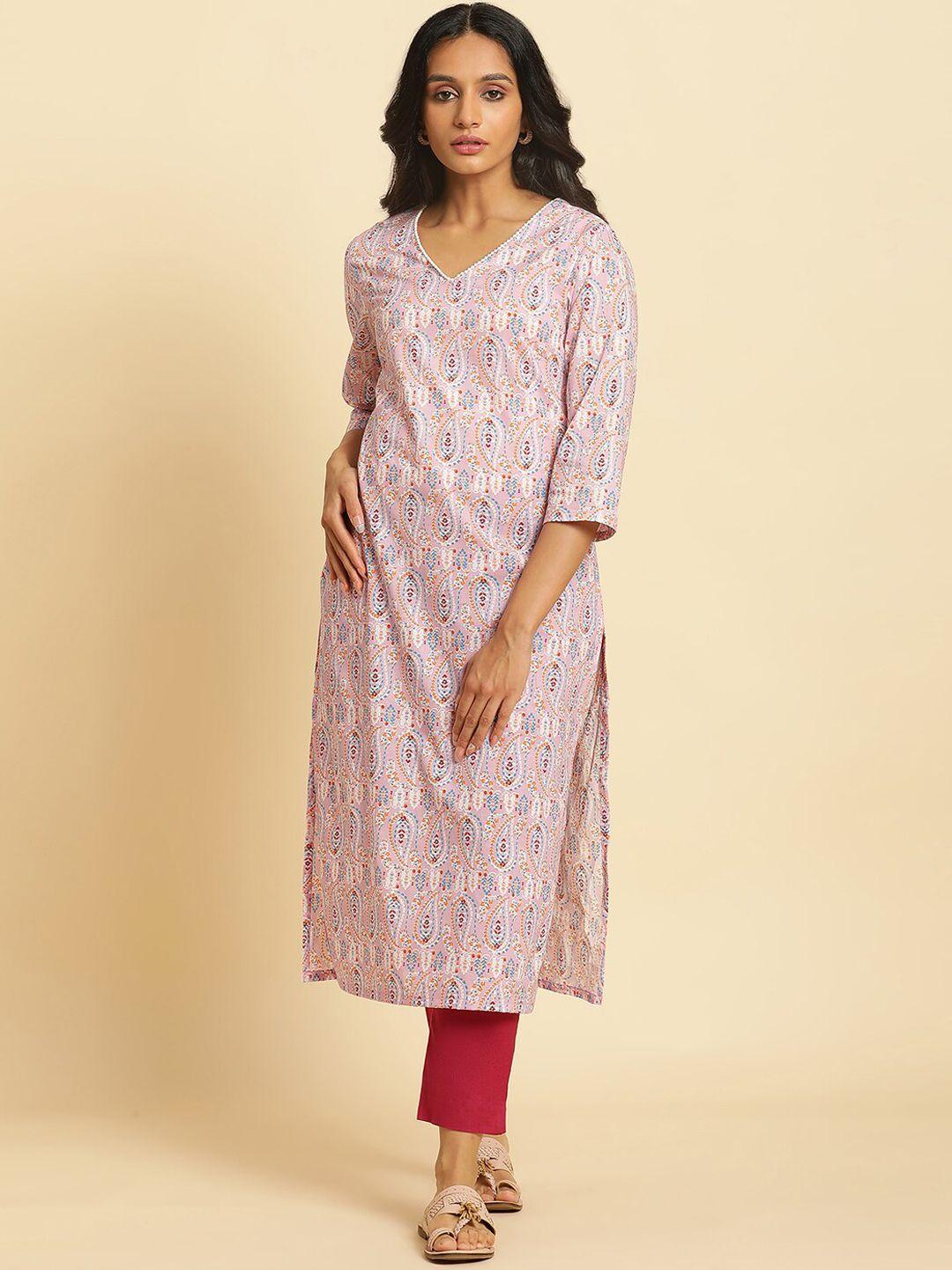 w paisley printed v-neck pure cotton straight kurta