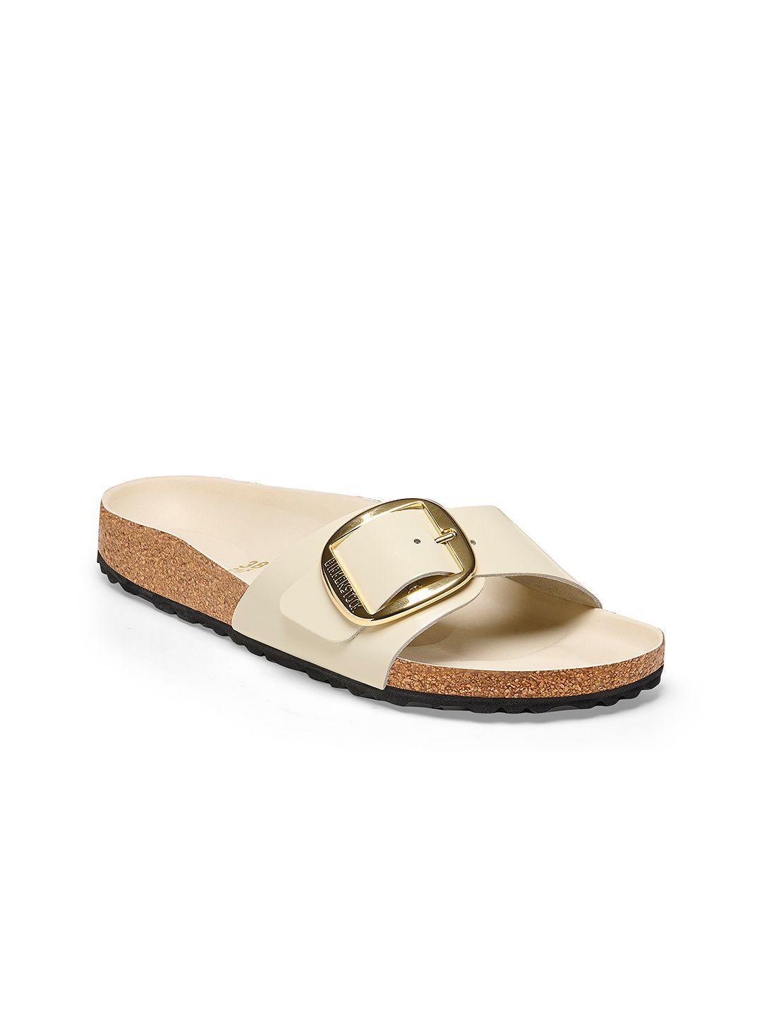 birkenstock madrid big buckle natural leather patent narrow width one strap open toe flats