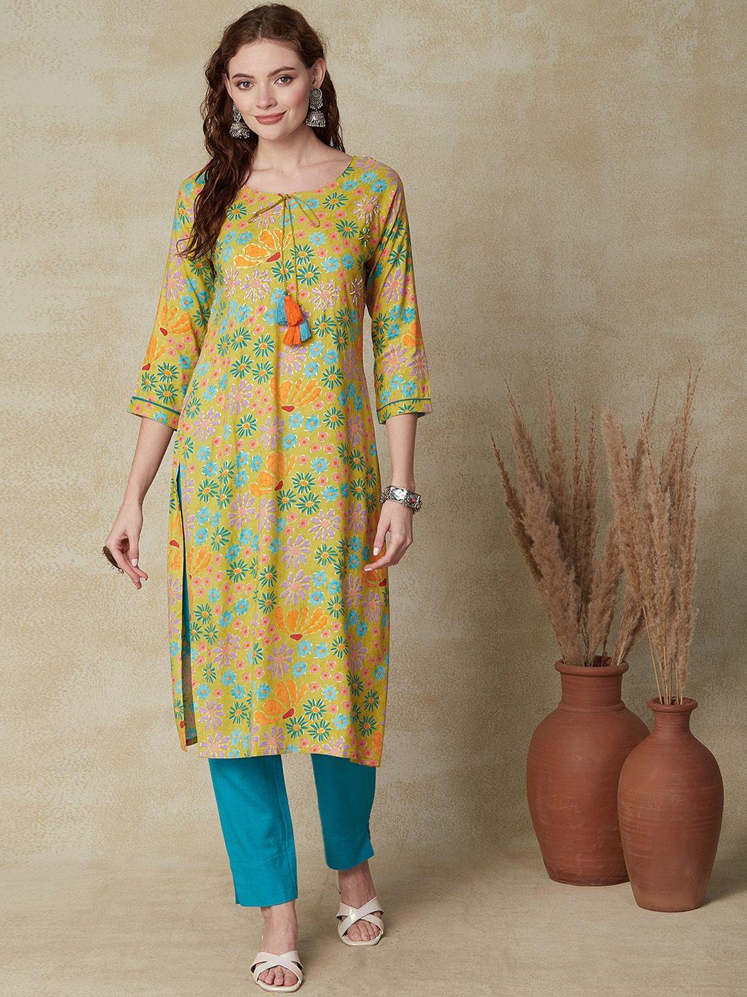 fashor floral printed tie-up neck cotton straight kurta