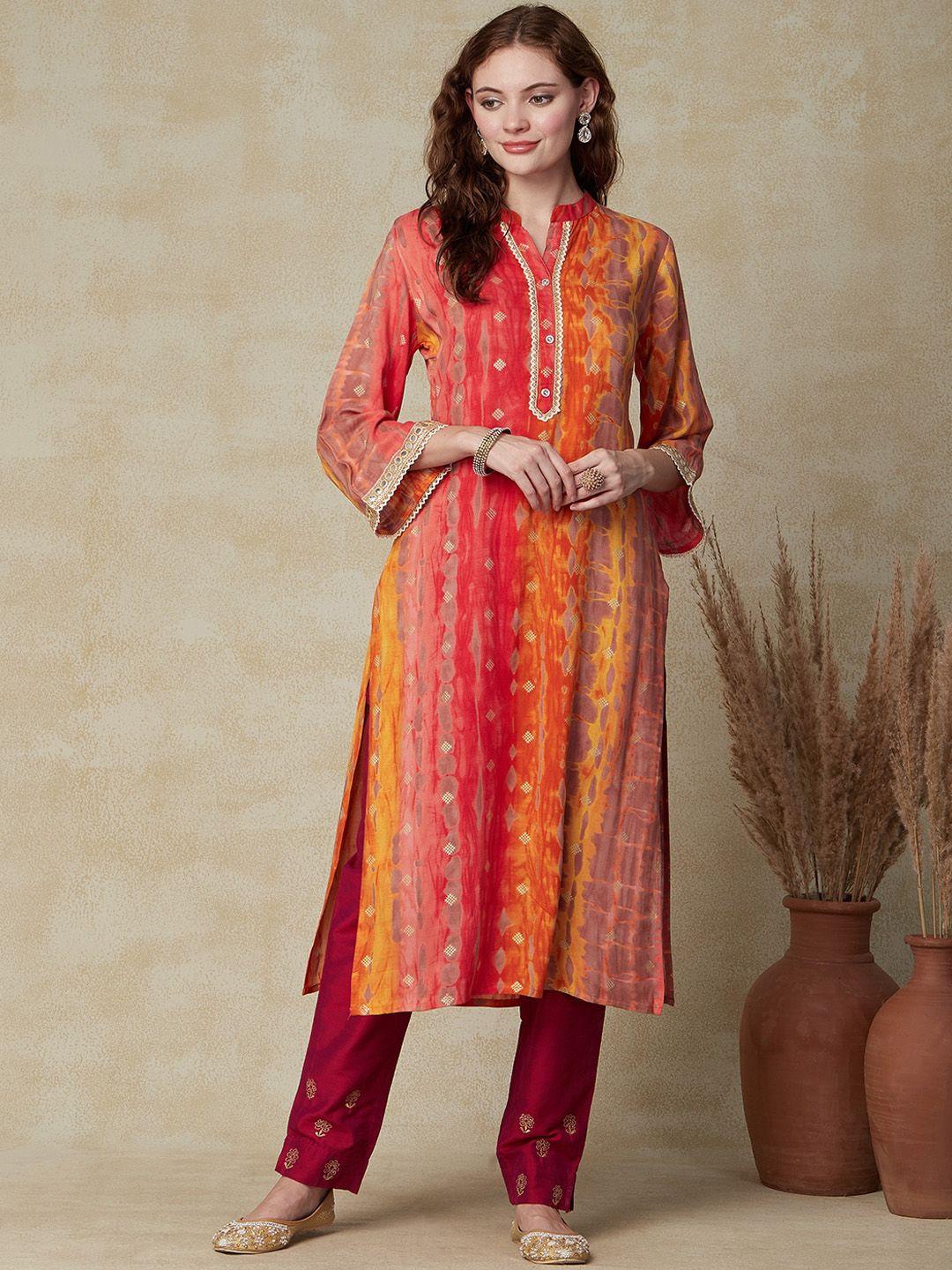 fashor abstract printed mandarin collar flared sleeves straight kurta