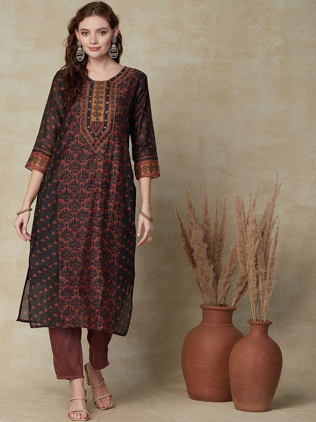 fashor floral printed sequins detail chanderi silk straight kurta