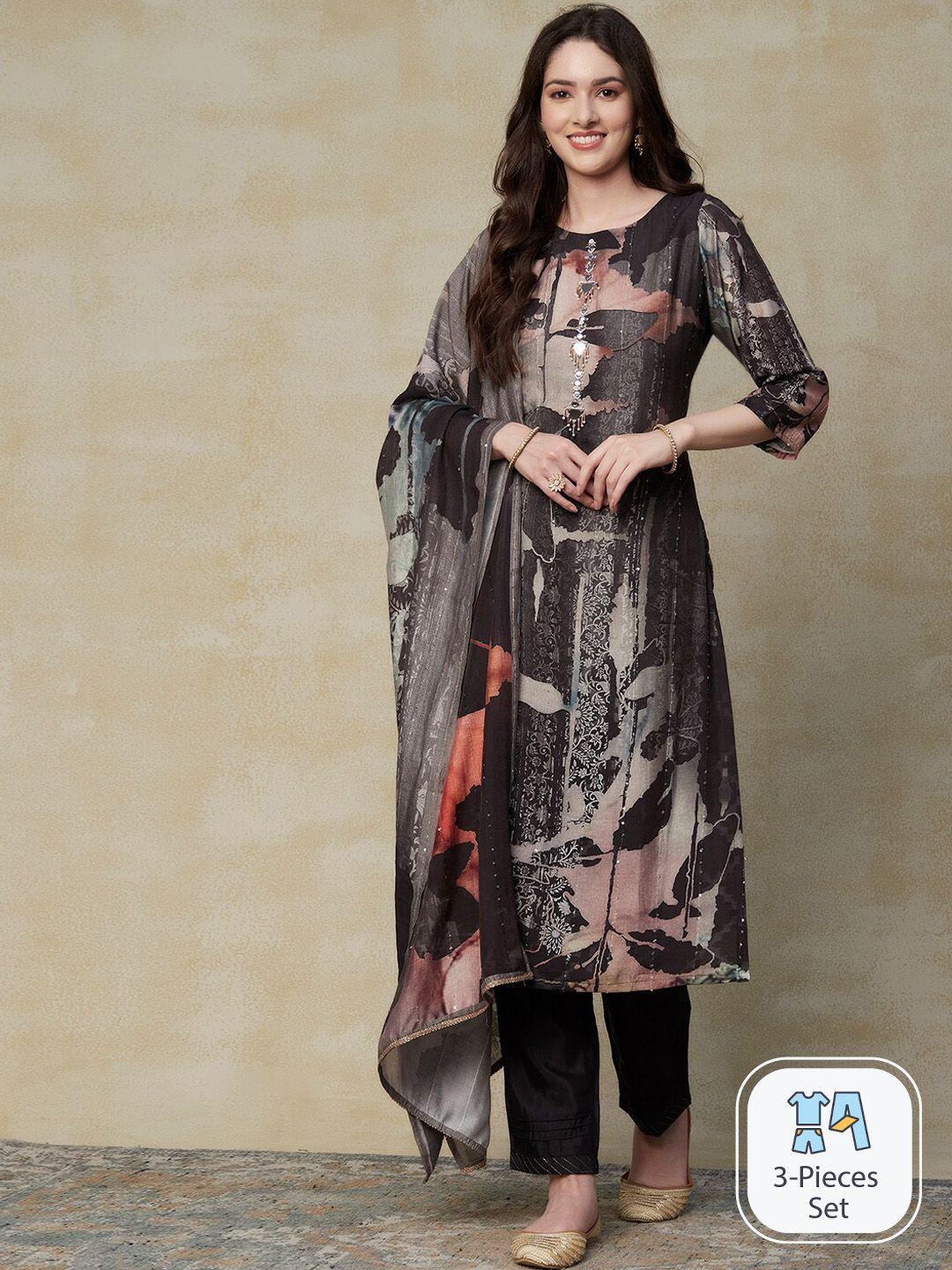 fashor abstract printed regular thread work kurta & trousers with dupatta