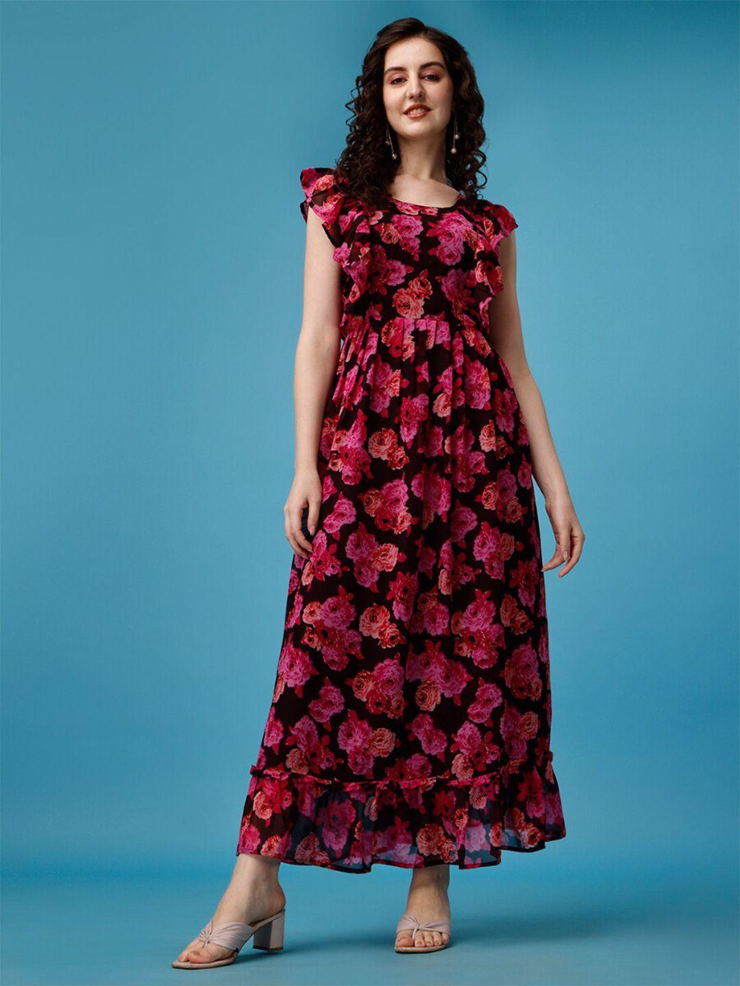 kalini floral printed flutter sleeves georgette maxi dress