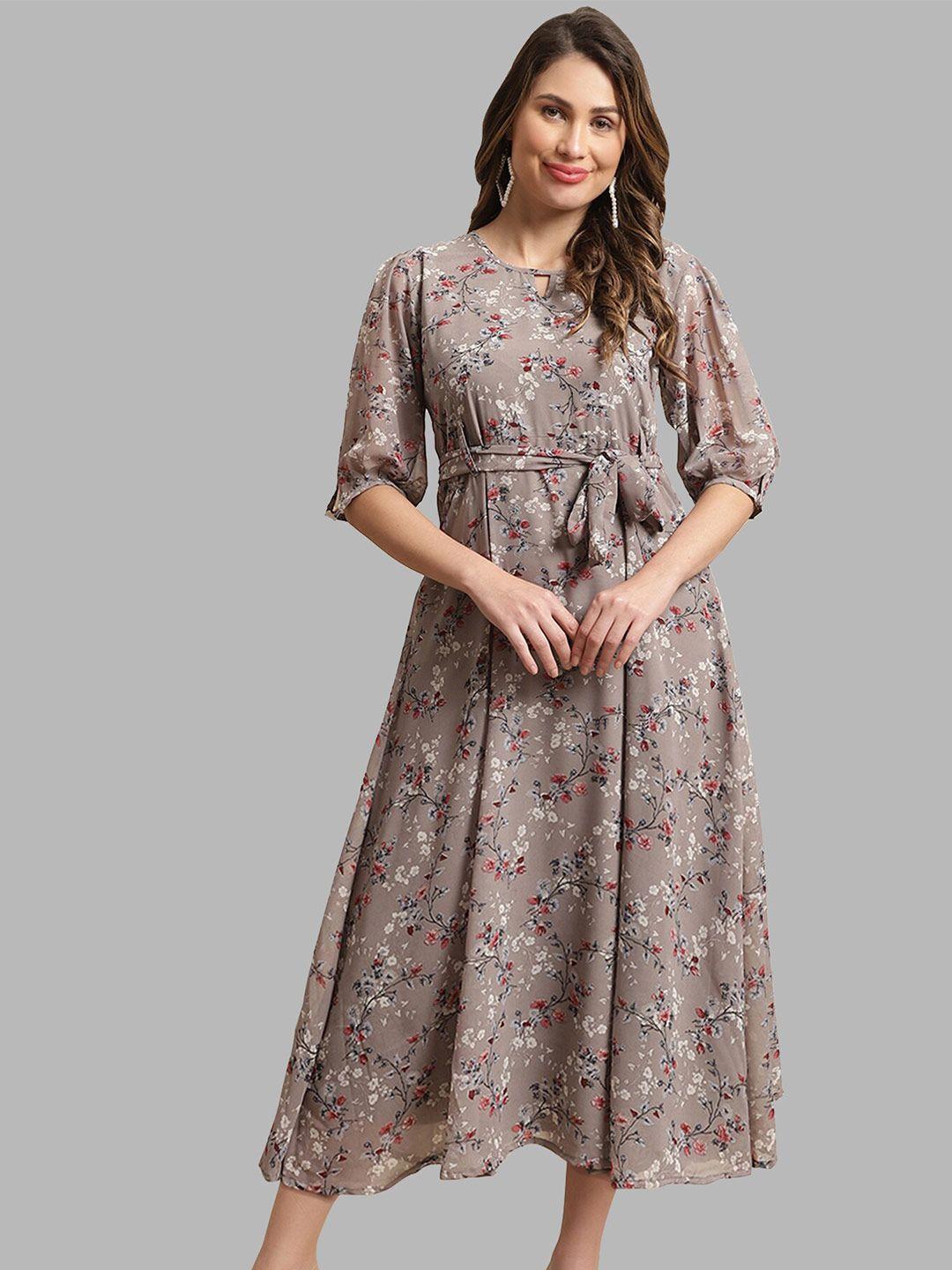 baesd floral printed keyhole neck puff sleeves tie-ups georgette a-line midi dress