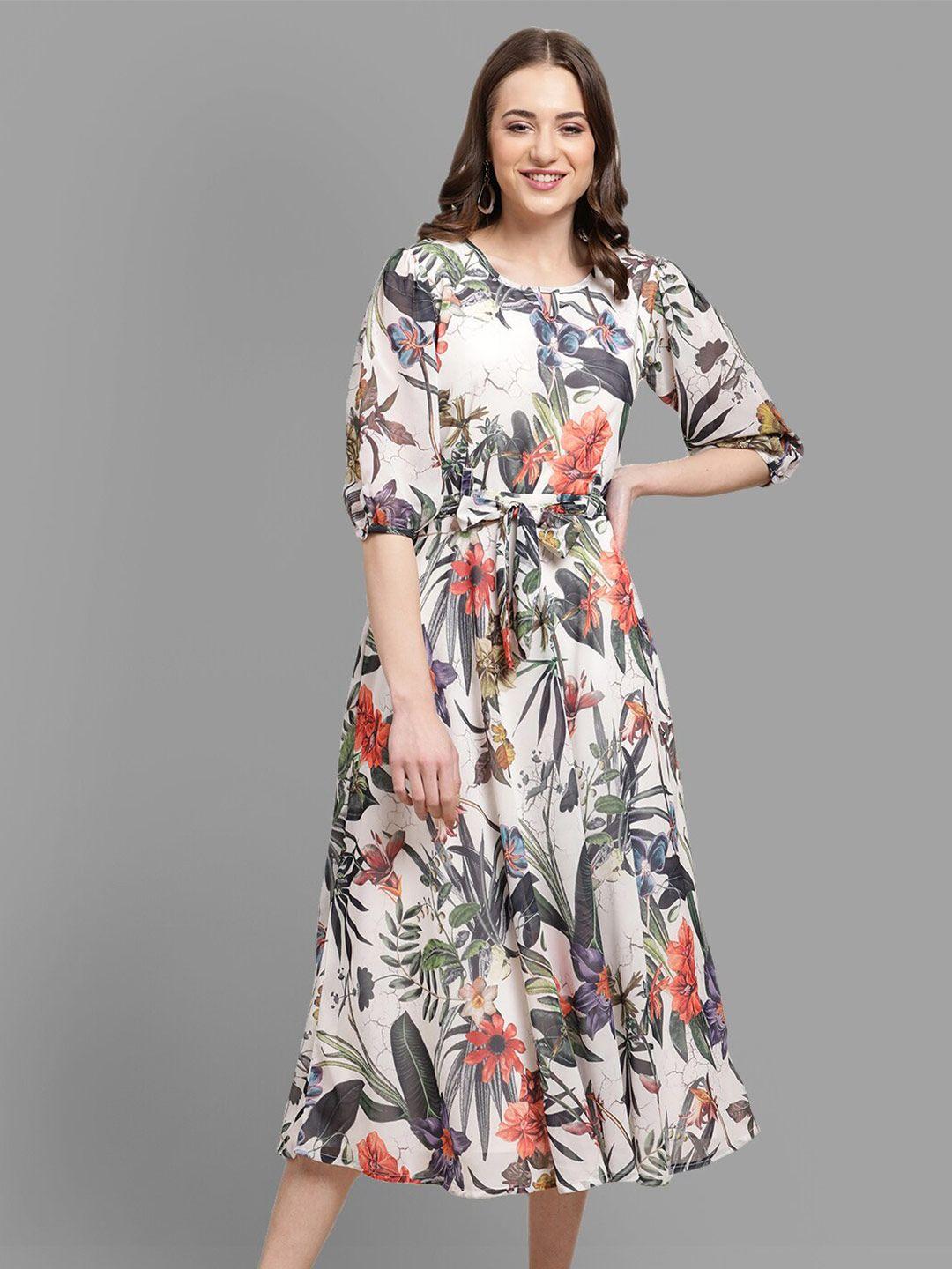 baesd floral printed keyhole neck puff sleeves a-line midi dress