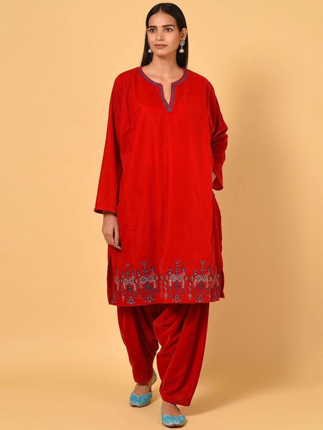 nuhh ethnic motifs embroidered velvet kurta with salwar