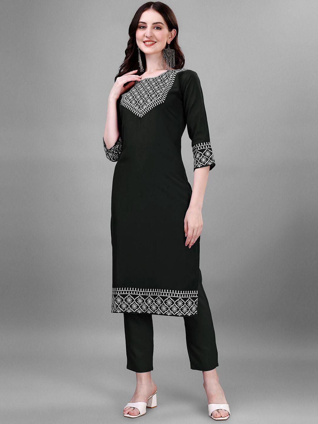 femvy ethnic motifs embroidered round neck straight kurta & trousers