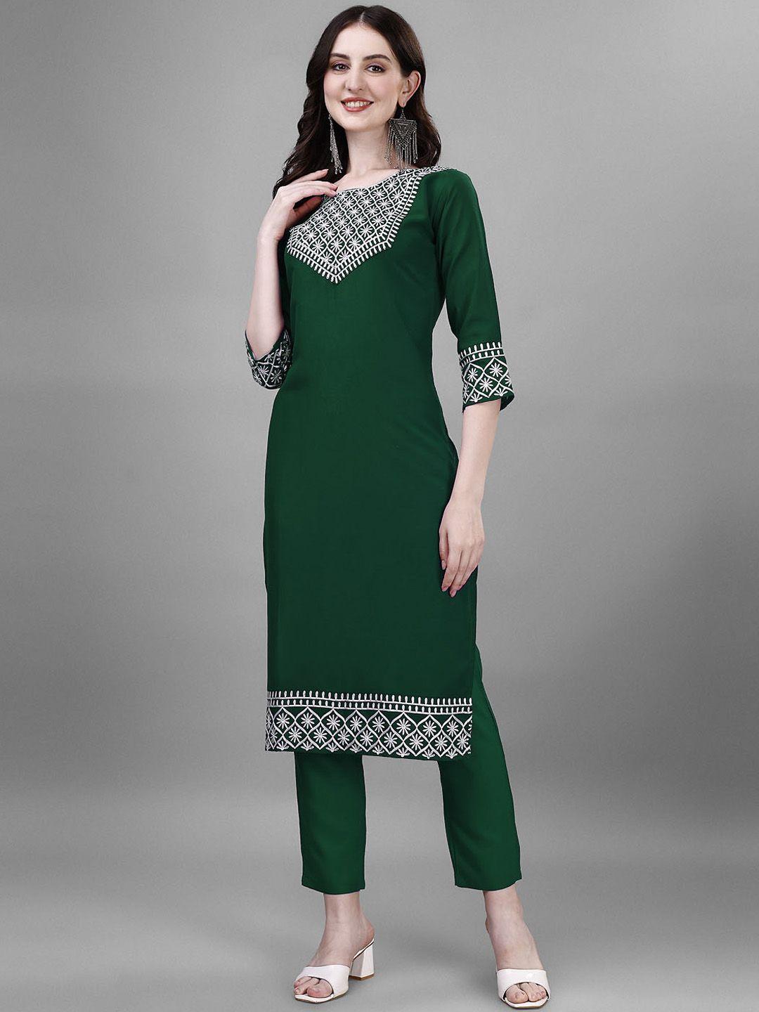 femvy ethnic motifs yoke design round neck thread work straight kurta & trousers