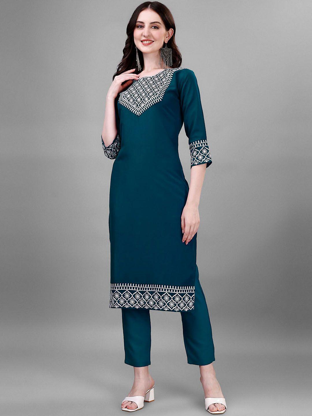 femvy ethnic motifs embroidered round neck straight kurta & trousers