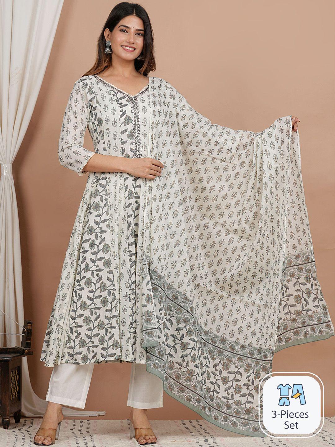 zoyoto ethnic motifs printed mirror work pure cotton a-line kurta & trousers with dupatta