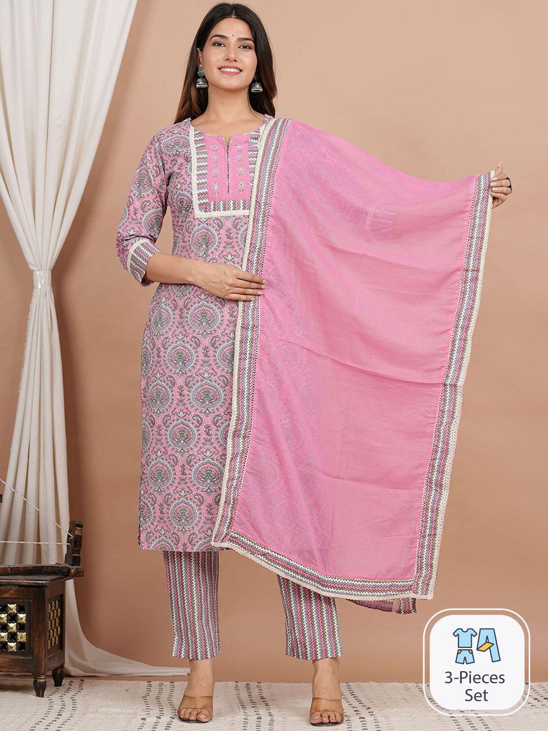 zoyoto ethnic motifs printed pure cotton straight kurta & trousers with dupatta