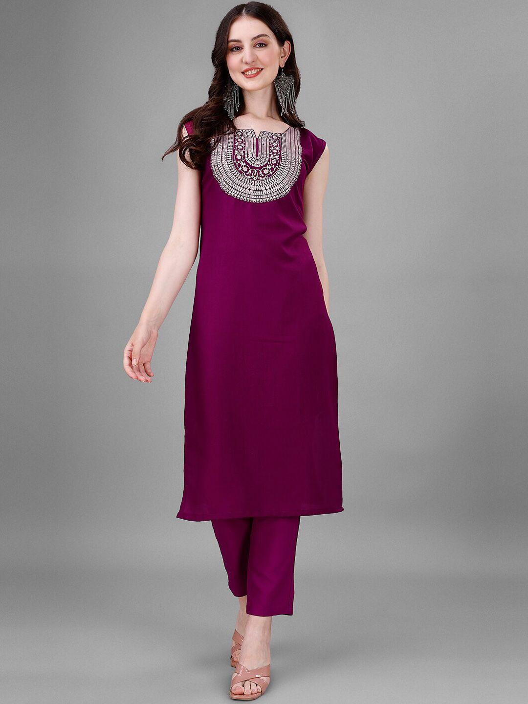 femvy ethnic motifs yoke design notched neck thread work straight kurta & trousers