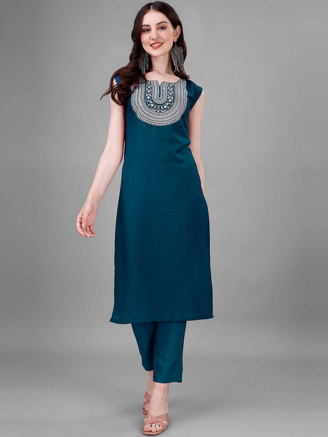 femvy ethnic motifs yoke design notched neck thread work straight kurta & trousers