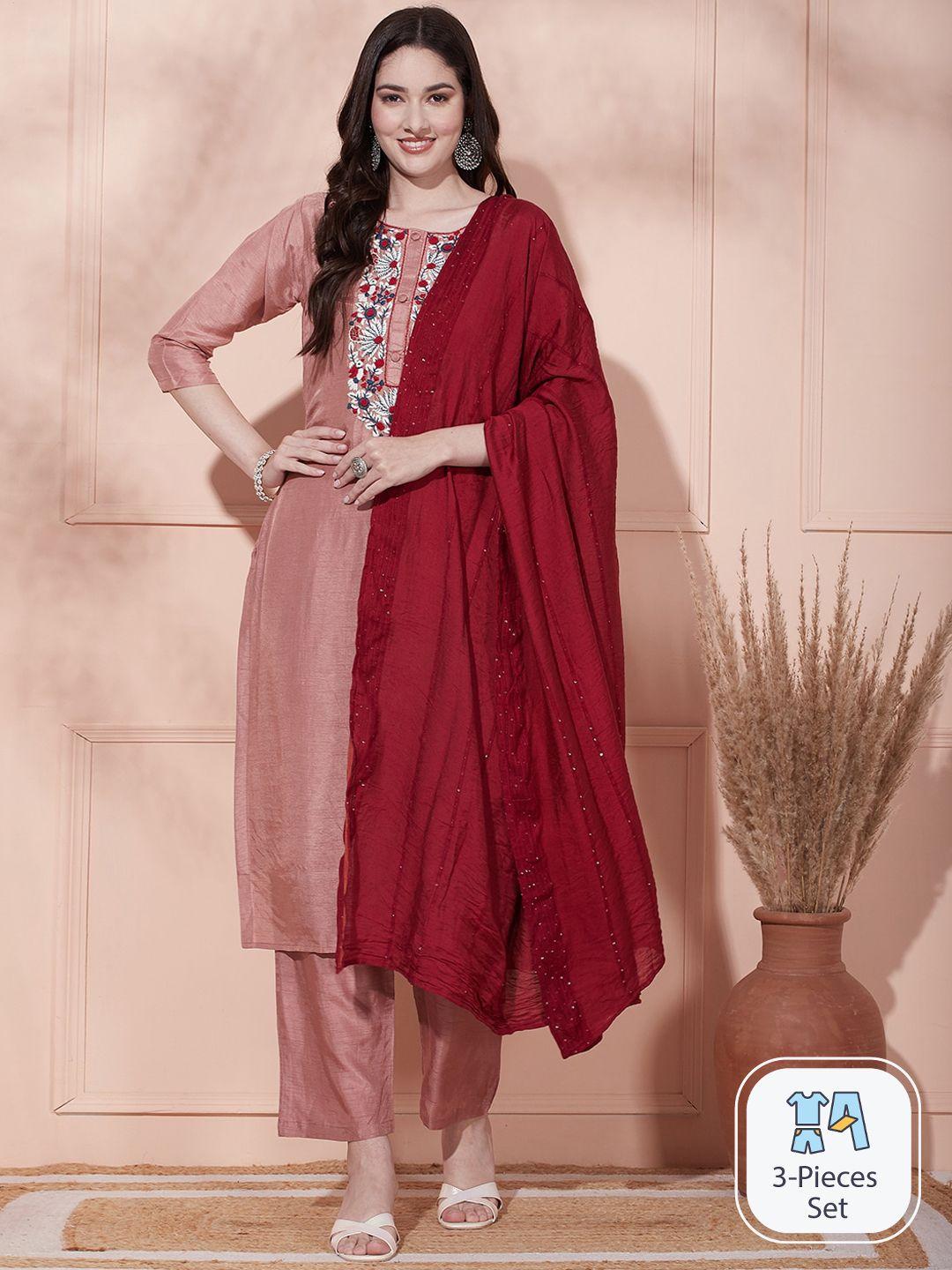 fashor floral yoke design regular sequinned kurta with trousers & dupatta