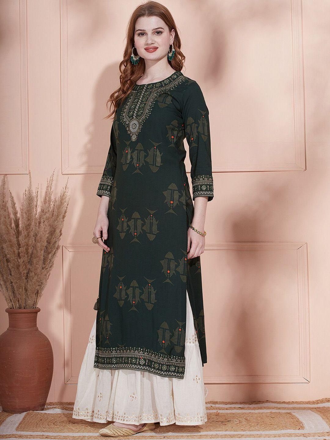 fashor women green ethnic motifs printed flared sleeves thread work kurta