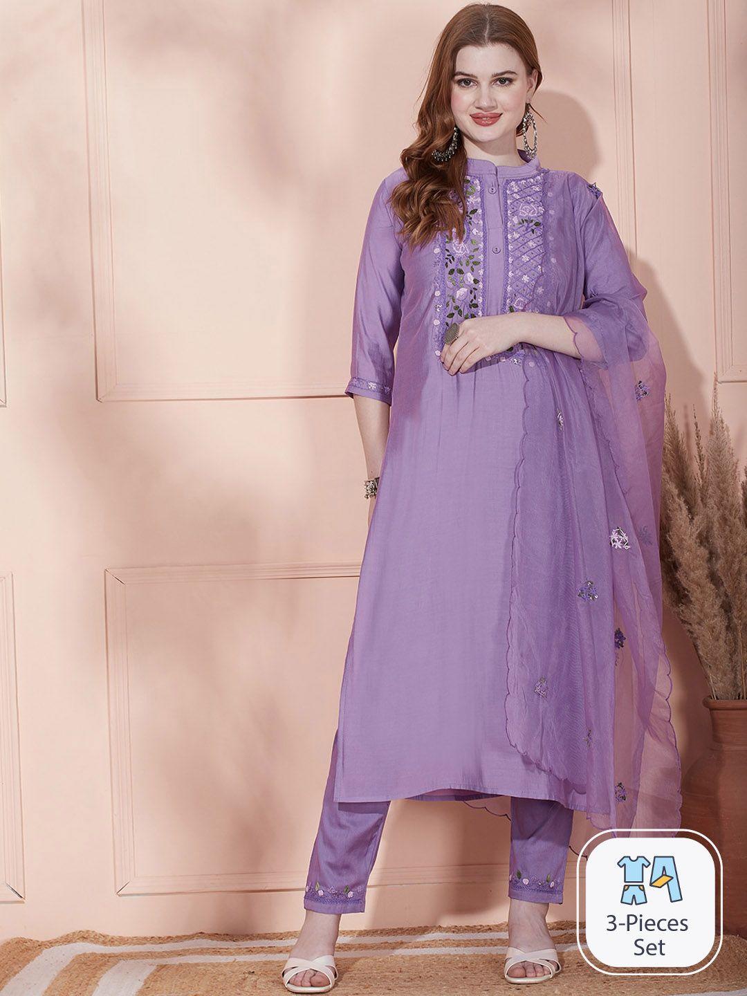 fashor floral yoke design thread work kurta with trousers & dupatta