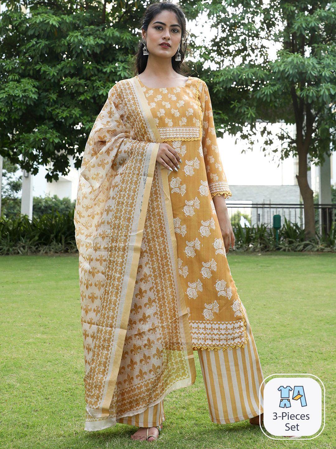 aks couture floral printed linen kurta with palazzos & dupatta