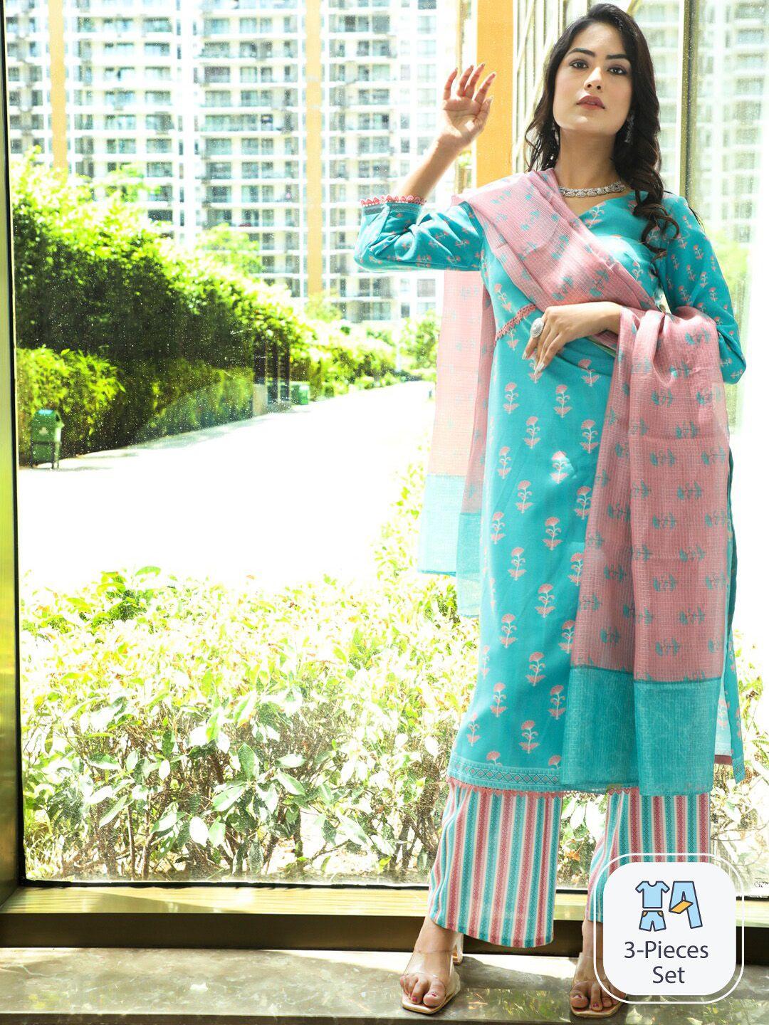 aks couture ethnic motifs printed linen straight kurta with palazzos & dupatta