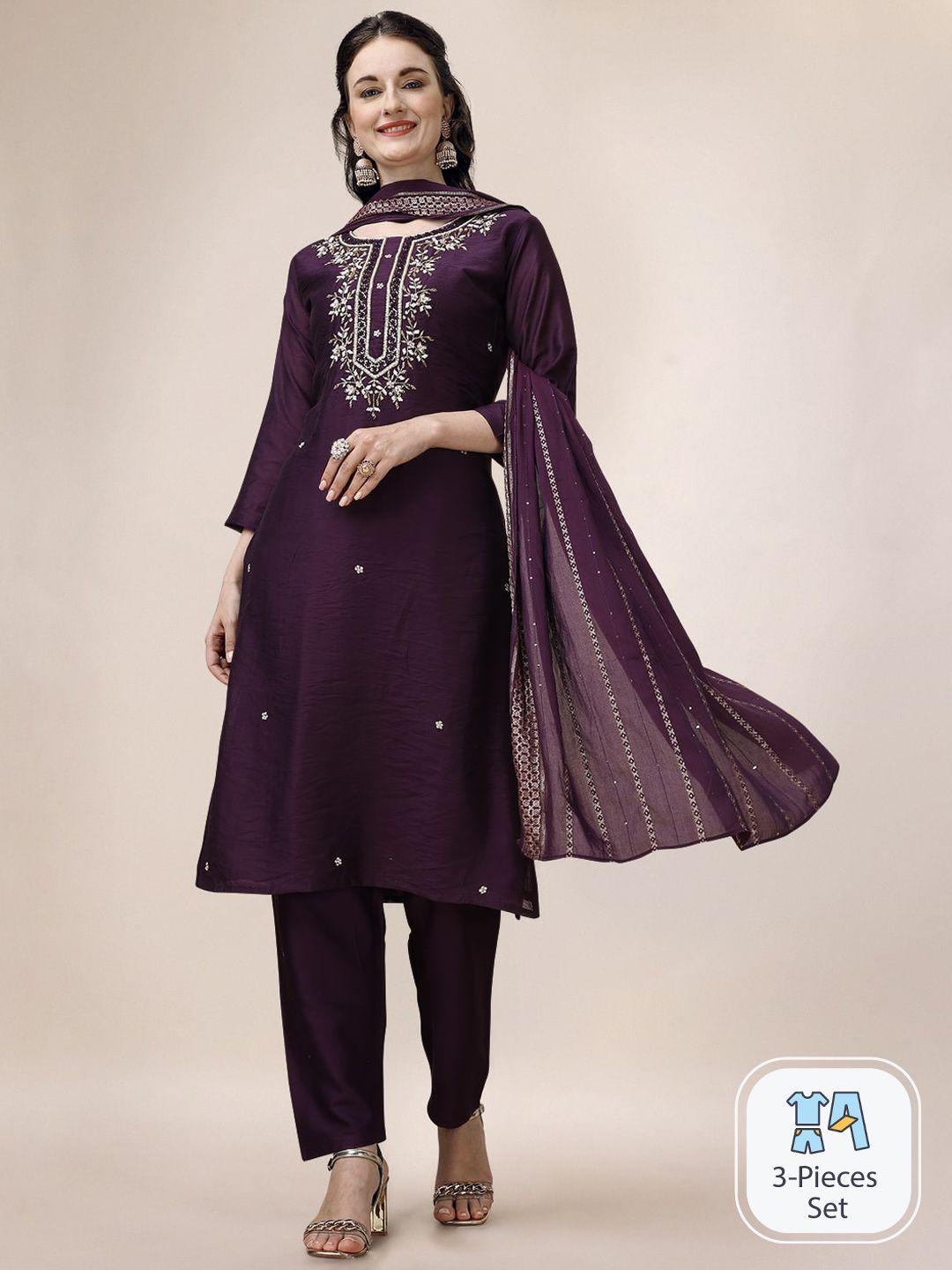 berrylicious ethnic motifs embroidered beads and stones chanderi cotton straight kurta set