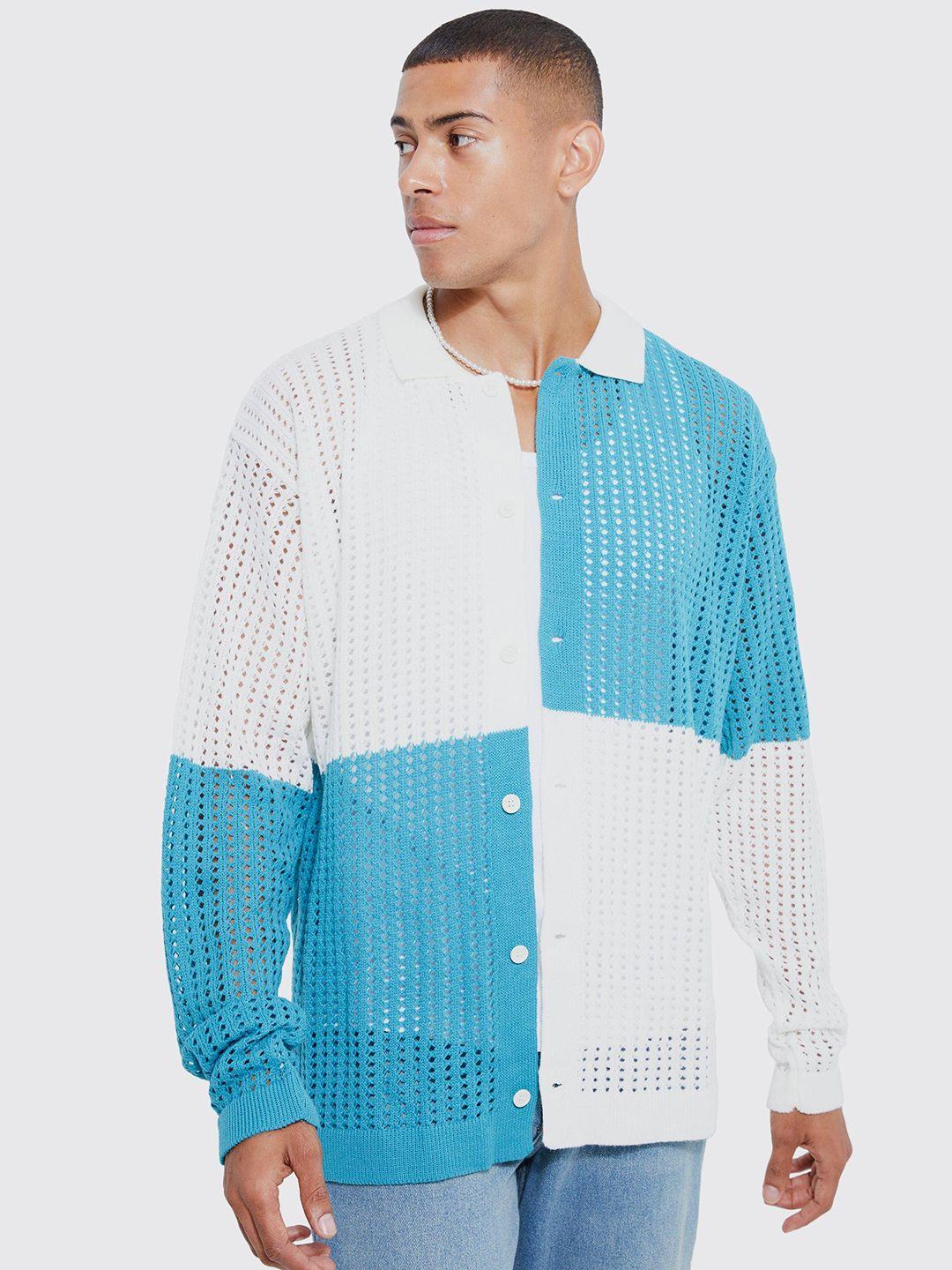 boohooman semi sheer colourblocked oversized crochet casual shirt