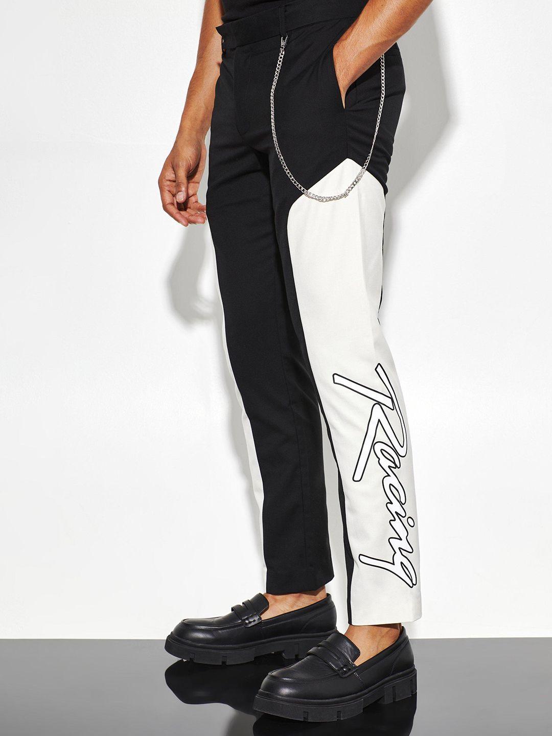 boohooman colourblocked printed slim fit trousers