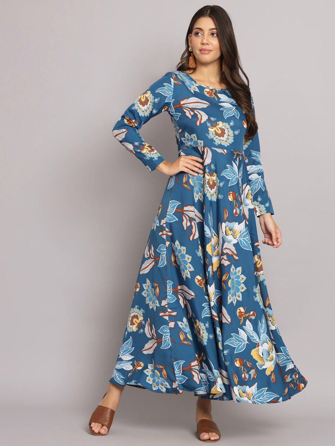 hello design floral printed long sleeves crepe fit & flare maxi dress