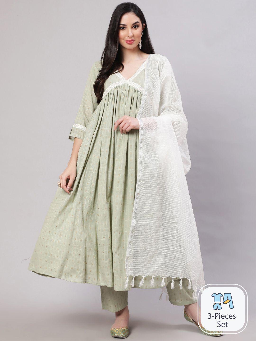 the nks plus polka dots printed empire pure cotton kurta with trousers & dupatta