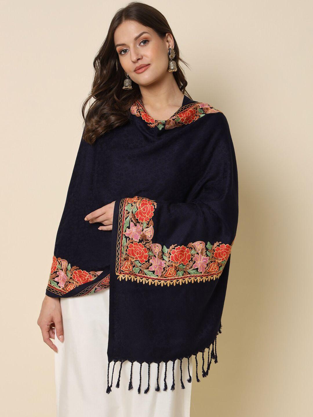 here&now navy blue floral embroidered shawl