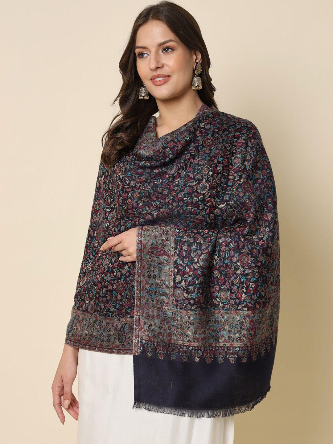 here&now navy blue floral woven design zari shawl