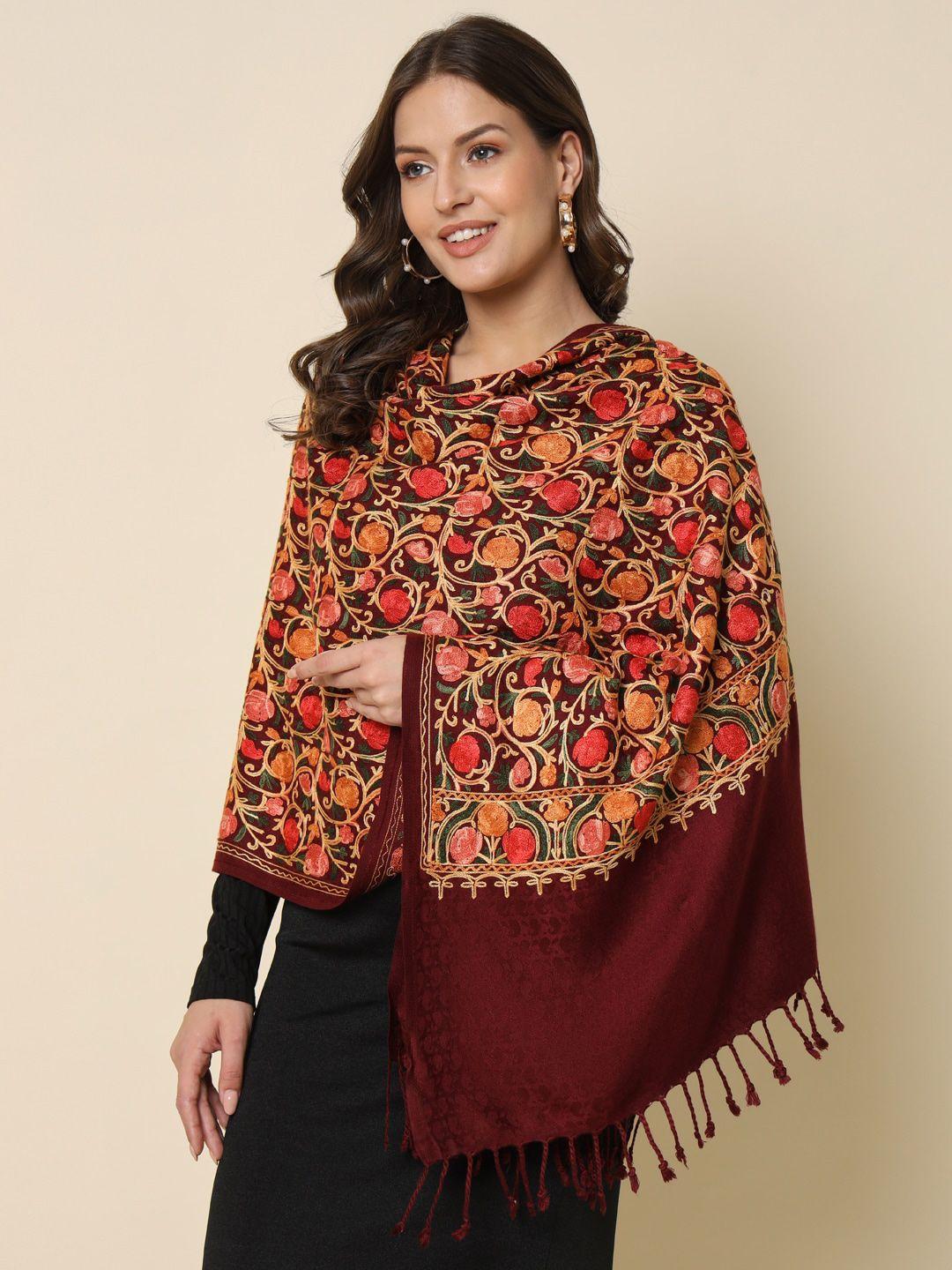 here&now burgundy floral embroidered shawl