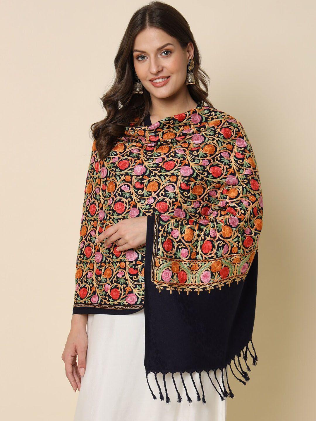 here&now navy blue floral embroidered shawl