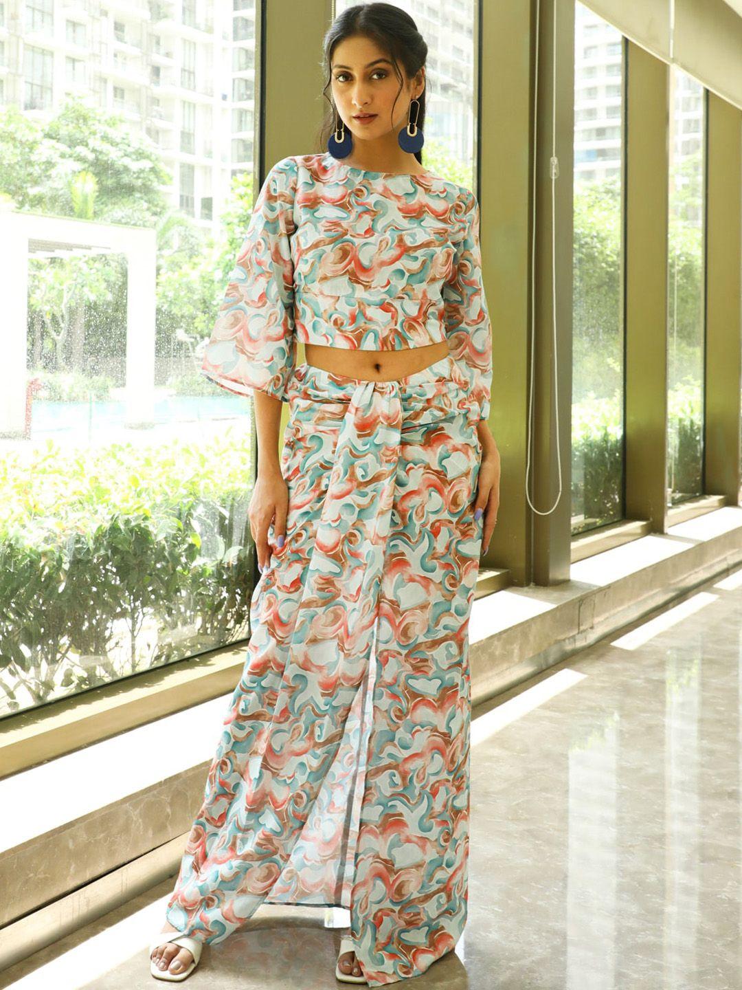 aks couture printed linen top with maxi skirt