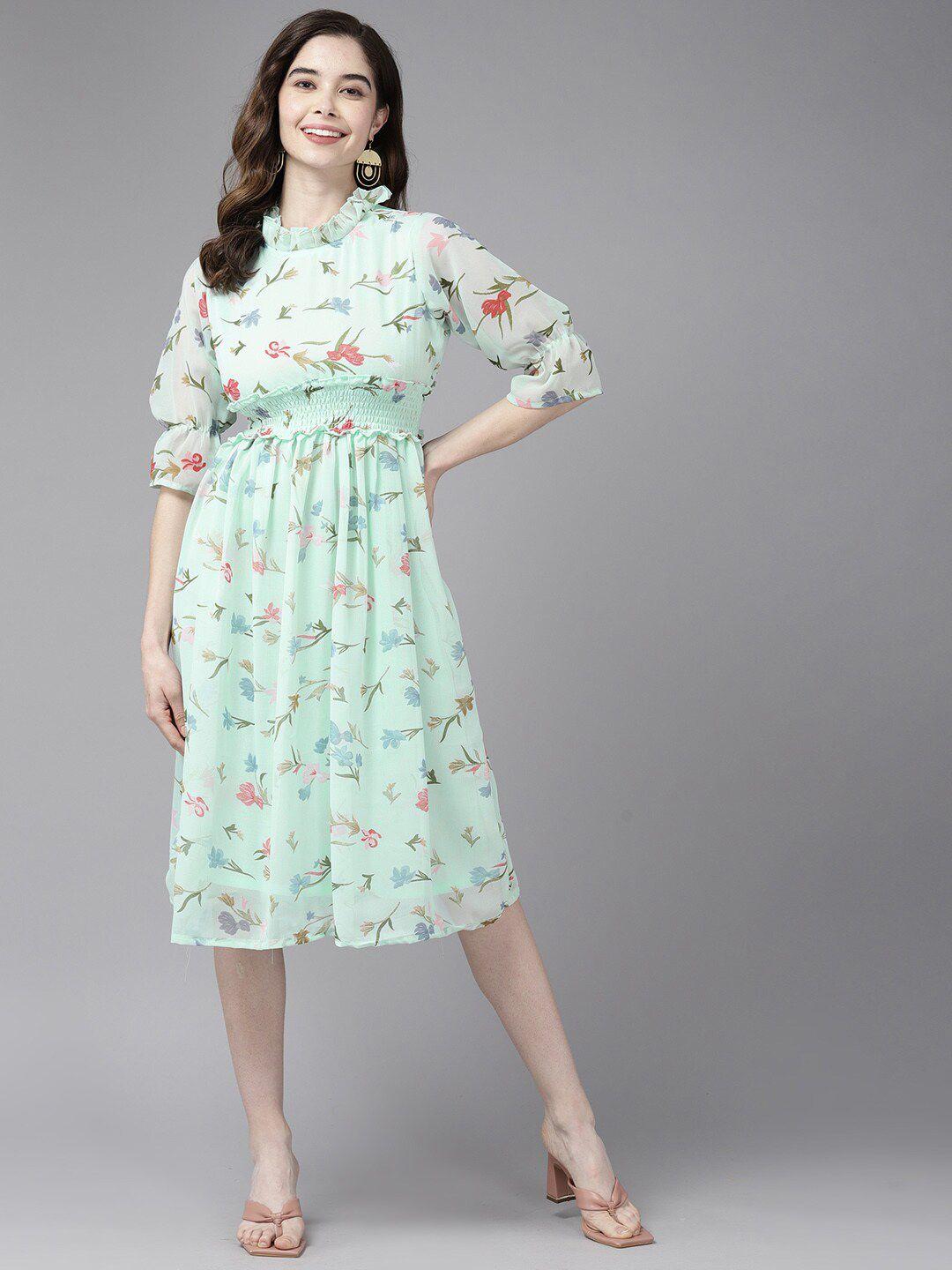 baesd floral printed smocked georgette a-line midi dress