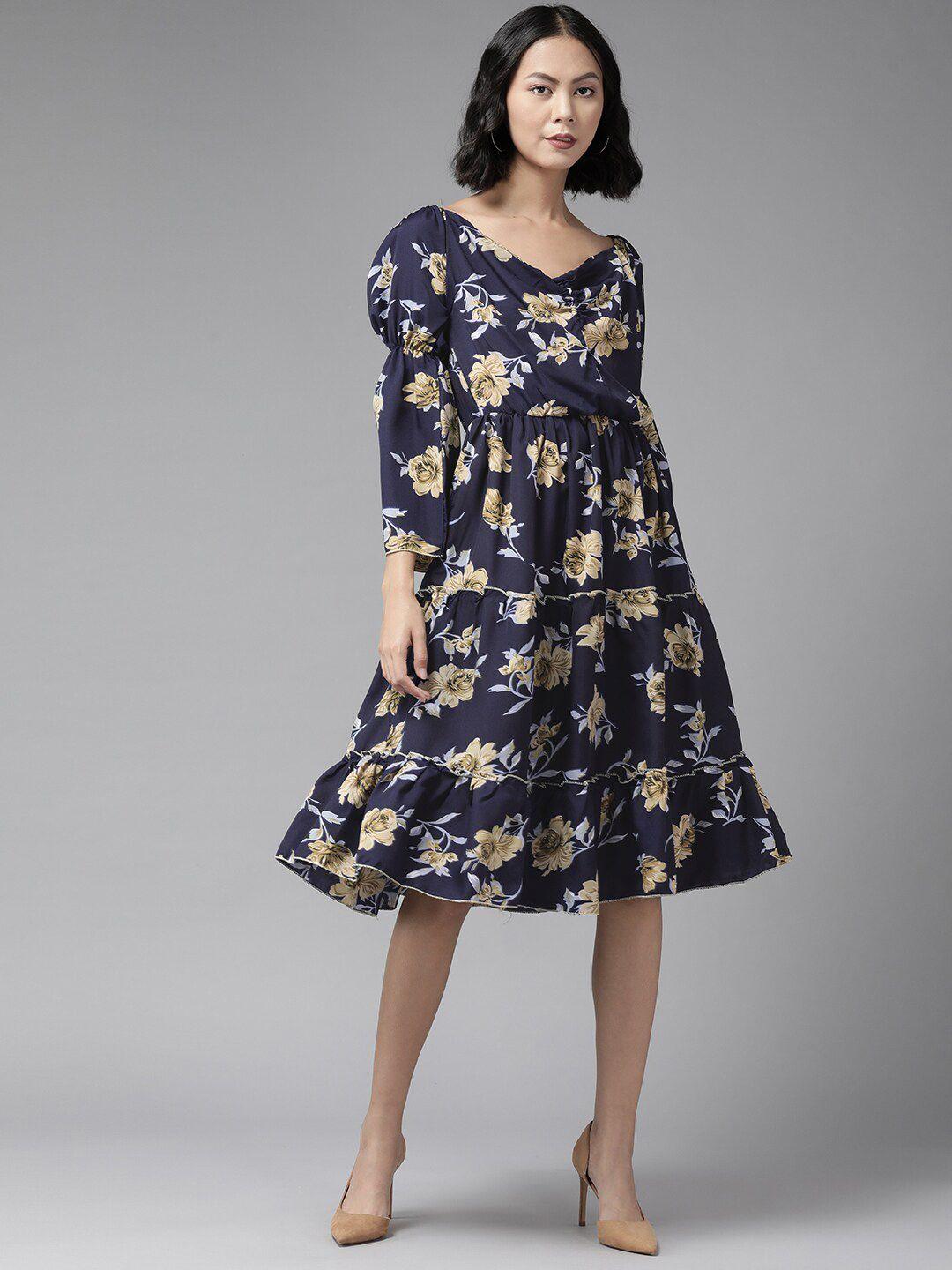 baesd floral printed puff sleeves fit & flare cotton midi dress