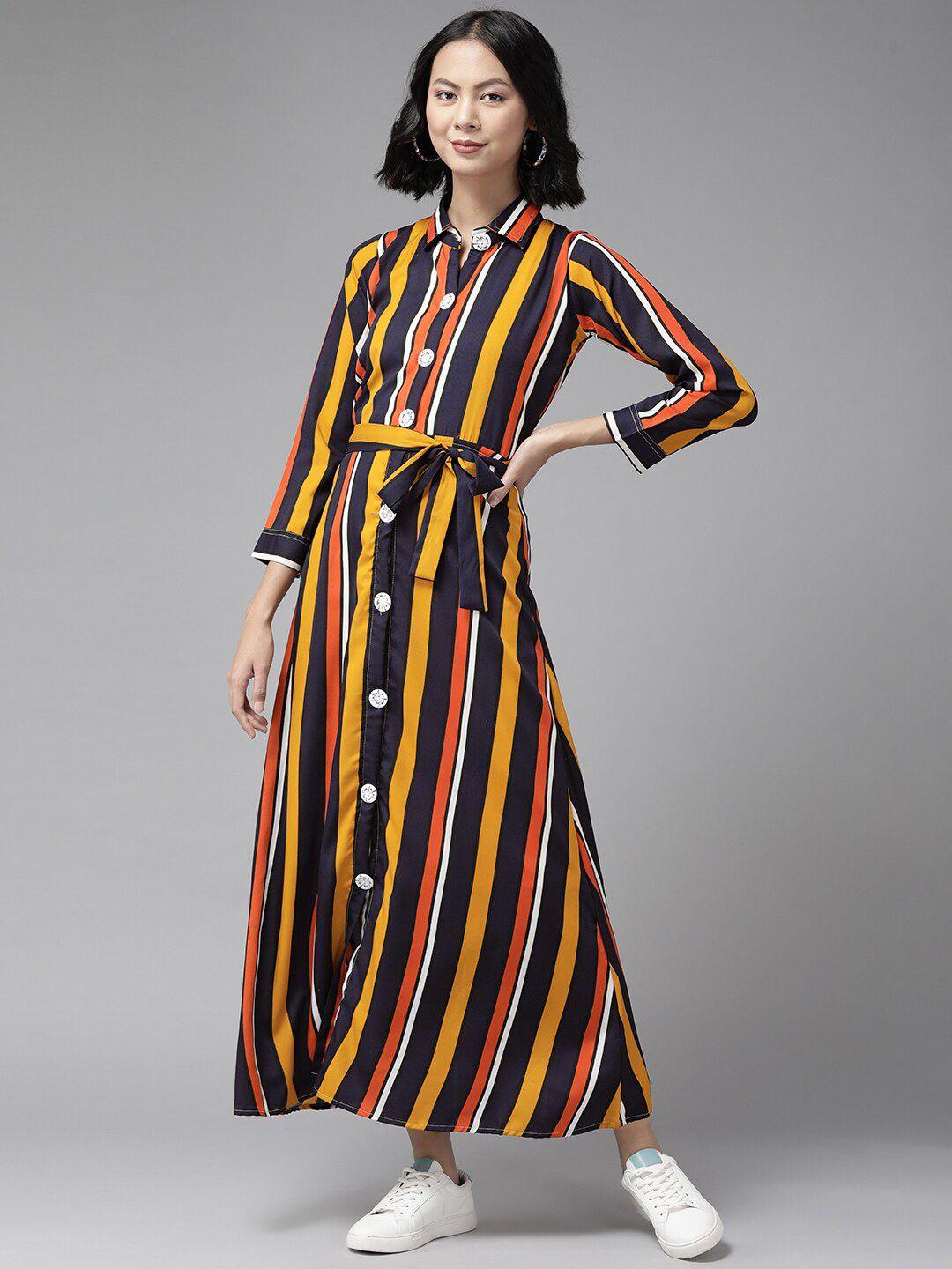 baesd striped tie-up cotton shirt style maxi dress