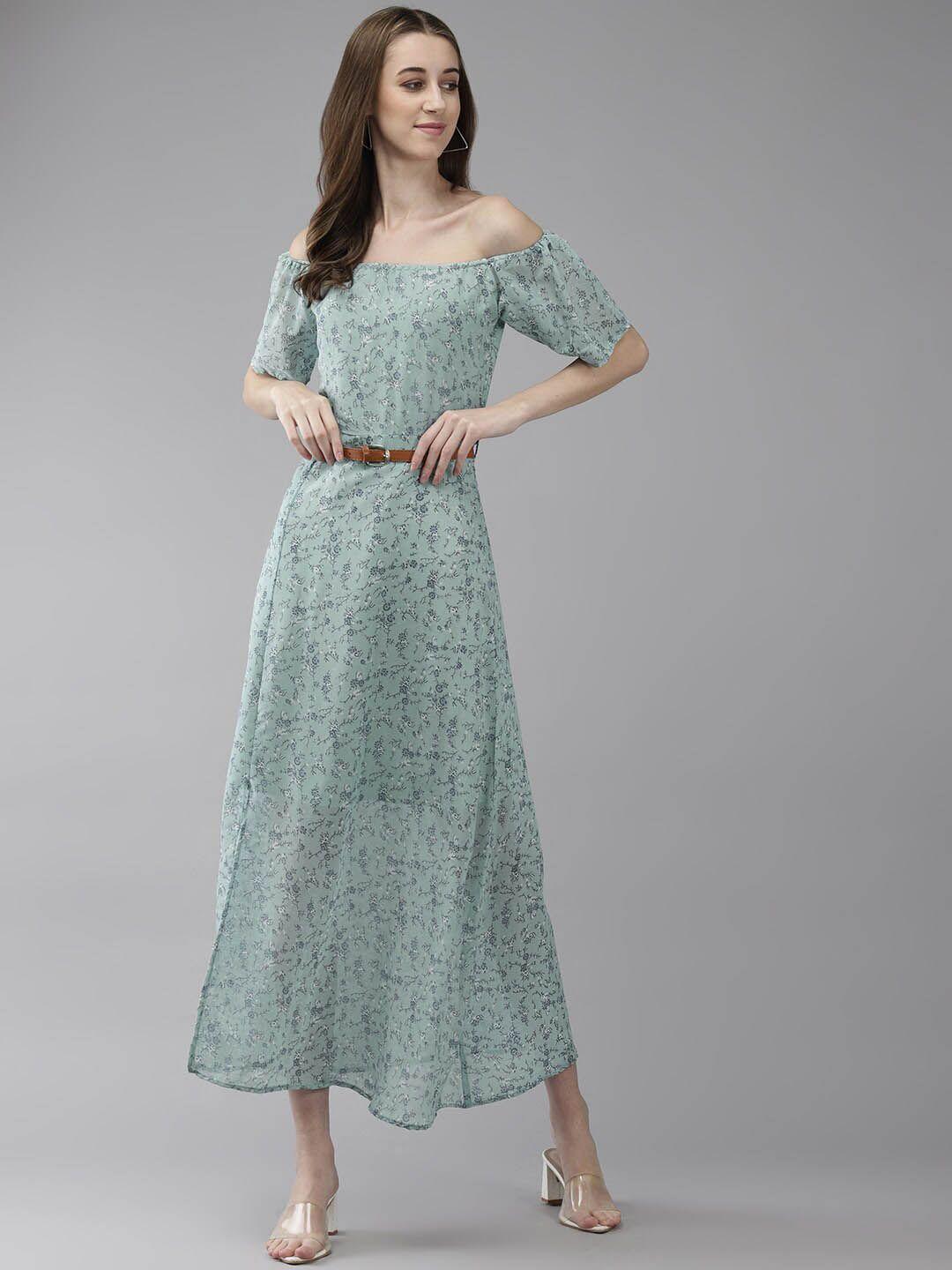 baesd green floral print georgette blouson dress