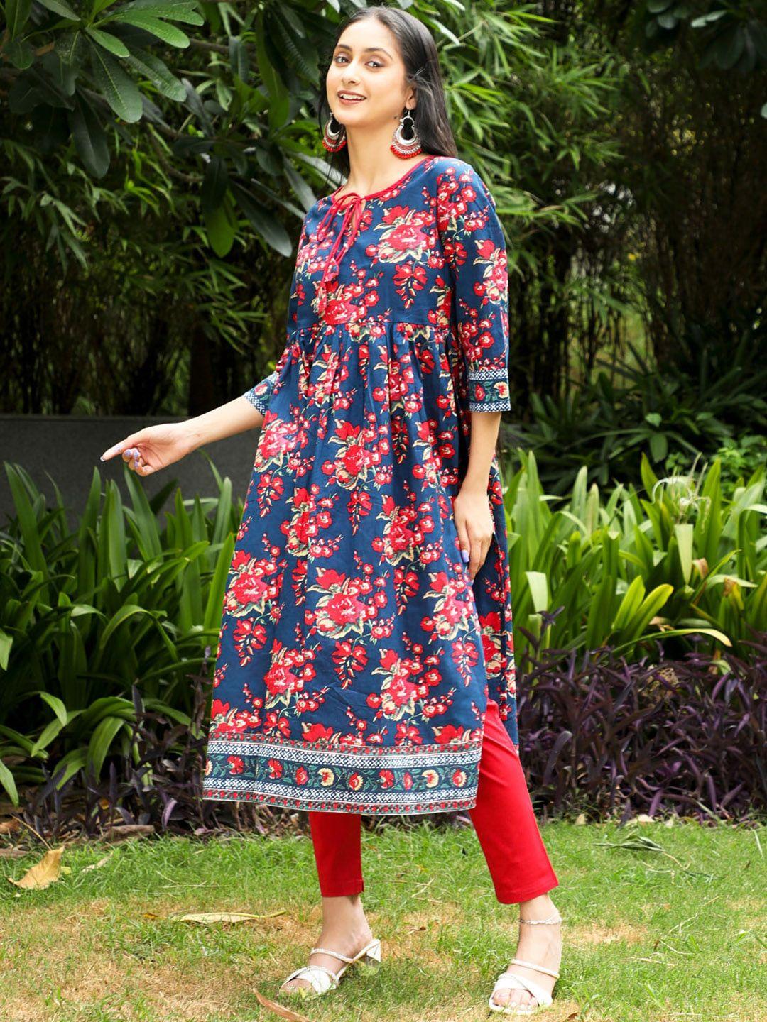 aks couture floral printed tie-up neck pleated a-line kurta