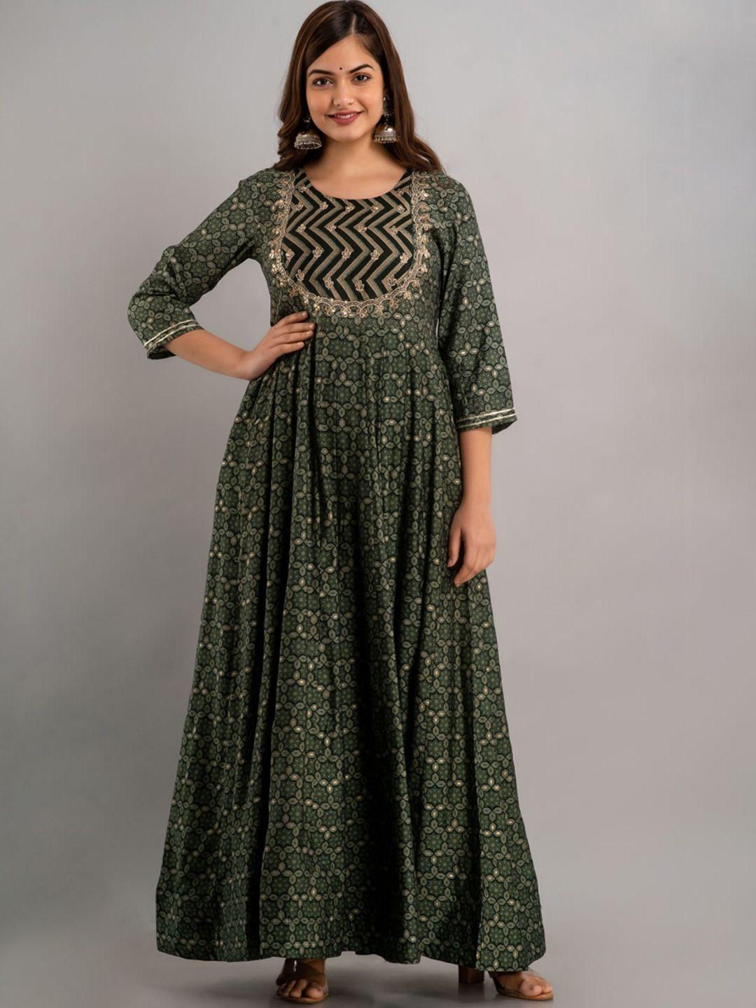 nishabd women green geometric printed flared sleeves sequinned anarkali kurta