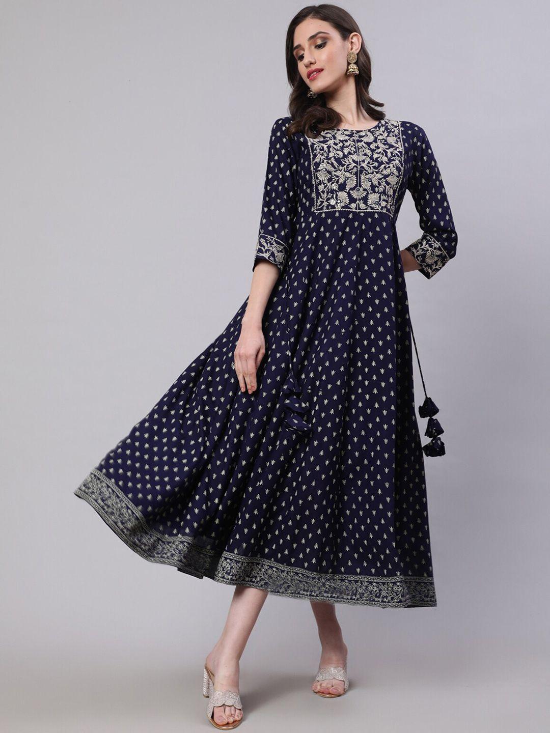 nishabd women blue ethnic motifs printed flared sleeves anarkali kurta