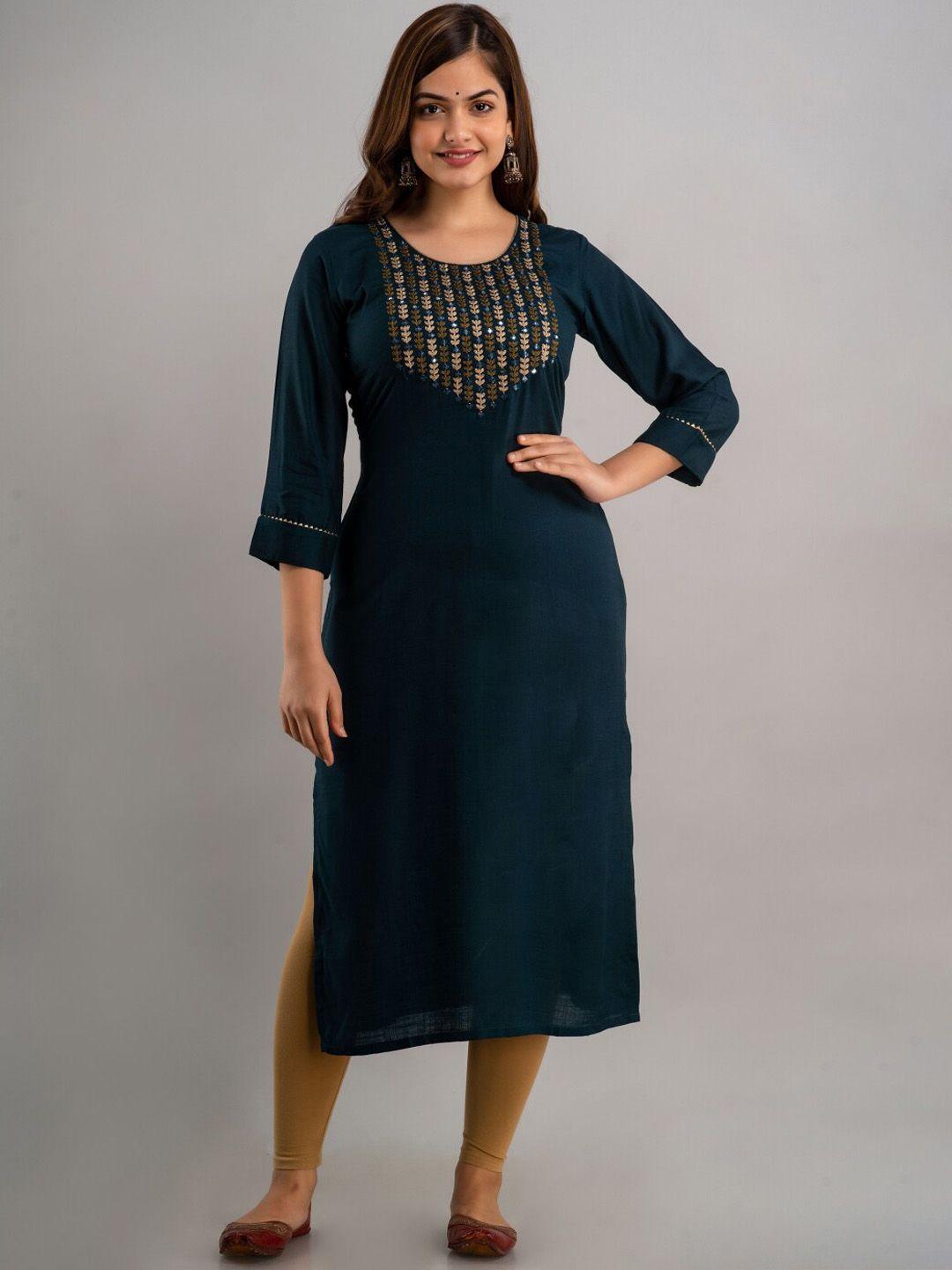 nishabd women teal yoke design thread work kurta