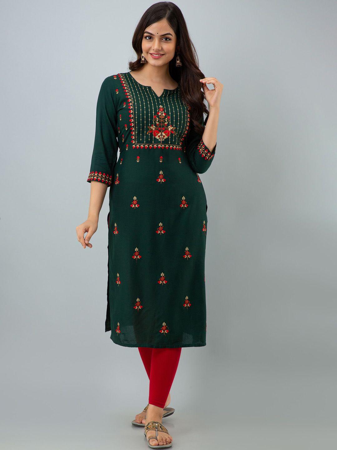 nishabd women green ethnic motifs embroidered thread work kurta